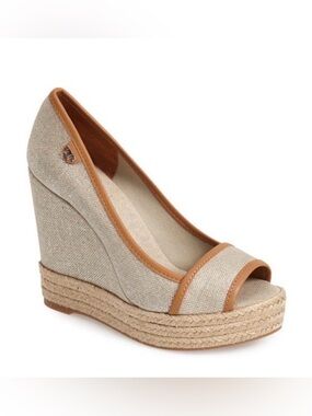 Tory Burch Natural Canvas Espadrille Wedge with Tan Trim- Size 6